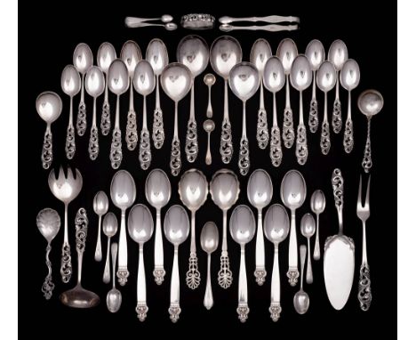 A Norwegian silver part flatware service, stamped marks: includes eight silver handled knives, eight table forks, eight desse