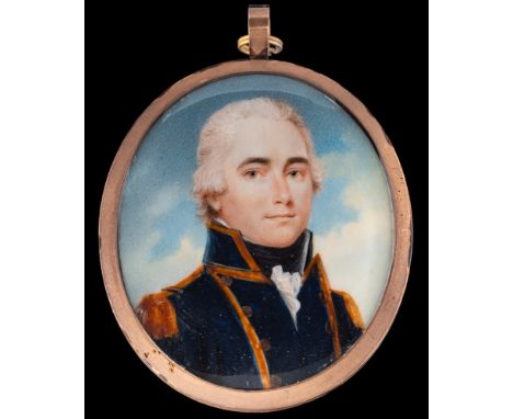 Henry Bone [1755-1834]-A miniature portrait of Admiral John Tremayne Rodd [1769-1838],:- head and shoulders with wavy powdere