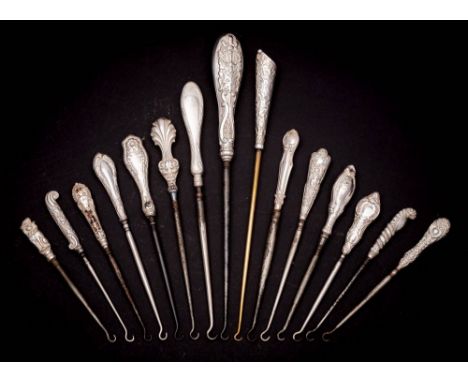 A collection of fifteen assorted silver-handled button hooks, various makers and dates: with steel shaft and hook, various si