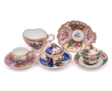 A group of Continental porcelain cups and saucers: comprising a Dresden shell-shaped example, a Helena Wolfsohn small cup, co