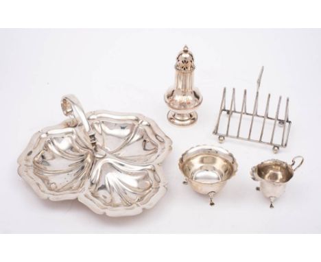 A  silver two part tea service, maker Fattorini & Sons, Birmingham, 1920/22: together with a plated sugar caster, toast rack 