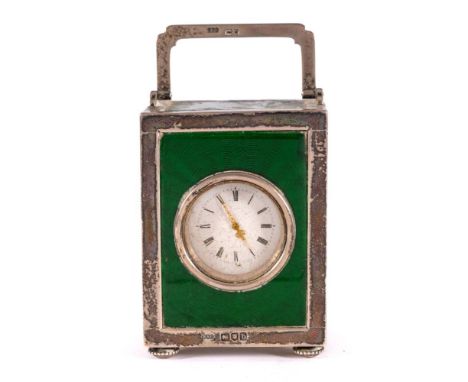 A silver and green enamel carriage clock: the eight-day duration timepiece movement having a platform lever escapement with t