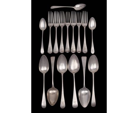 A matched silver Old English pattern part flatware service, various makers and dates: crested, includes six tablespoons, thre