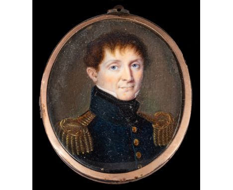 French School early 19th Century-A miniature portrait of a naval Captain,:-head and shoulders with short auburn hair and blue