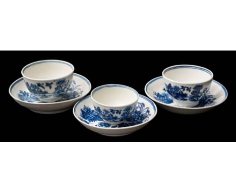 A group of three First Period Worcester blue and white toy tea bowls and saucers:  transfer printed in 'The Fence' pattern, [