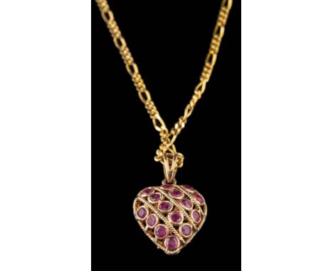 A ruby and sapphire pendant,: the heart shaped pendant set with circular cut rubies and sapphires, stamped 375 with import ma