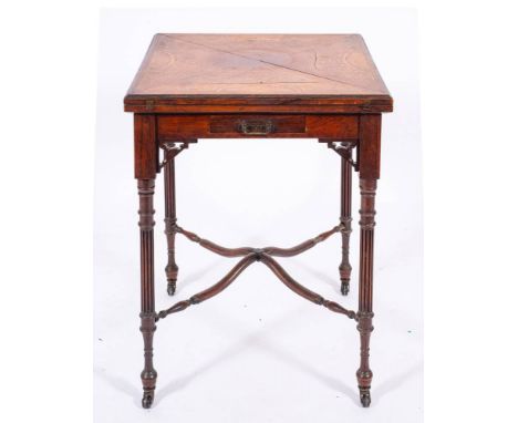 A Victorian rosewood and marquetry envelope card table, late 19th century,: the four hinged triangular leaves inlaid with hal