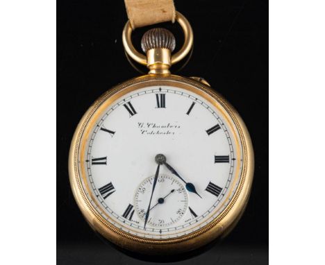 G. Chambers, Colchester, a gold-plated open-faced keyless pocket watch: having a lever escapement, the white enamel dial havi