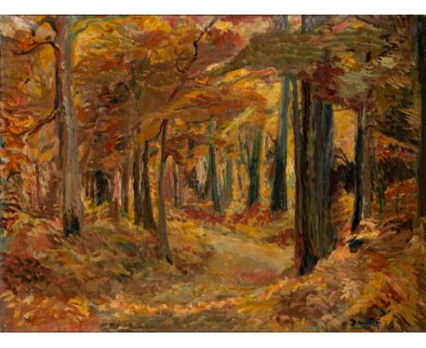 * Ronald Ossory Dunlop [1894-1973]-'Autumn in Slindon Woods', figures on a path:-signed bottom rightoil on canvas, 75 x 100cm