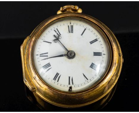 A gilt-metal pair-cased pocket watch: the fusee movement having a lever escapement with pierced and engraved balance cock and