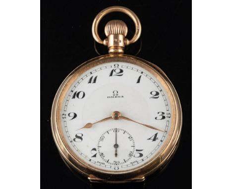 Omega, a 9ct gold open-faced keyless pocket watch: the three-quarter plate movement stamped Omega Watch Co, Swiss, 17 Adjustm