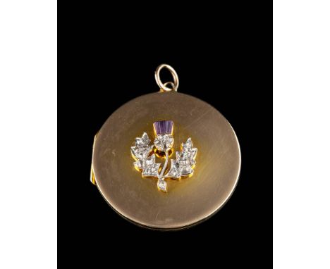 A diamond and amethyst pendant,: the circular locket pendant with an applied thistle set with rose cut diamonds and a carved 
