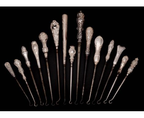 A collection of fifteen assorted silver-handled button hooks, various makers and dates: with steel shaft and hook, various si