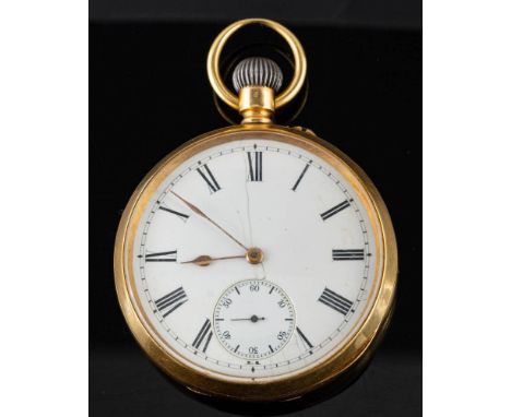 An 18ct gold keyless open-faced pocket watch: the three-quarter plate movement having a lever escapement with an engraved bal