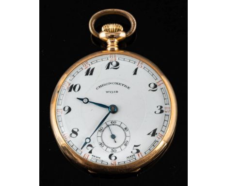 Wyler, Chronometre, a 14 carat gold pocket watch,: the white enamel dial with black Arabic numerals, red 24 hour numerals, bl