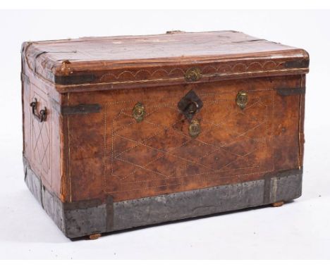 An Anglo-Indian leather covered wood trunk, second half 19th century,: the top, front and ends all with stitched geometric lo