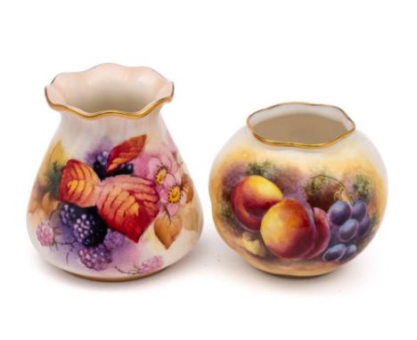 Two Royal Worcester porcelain vases: one of tapering form with frill rim painted by M. Miller with fruiting bramble, the comp