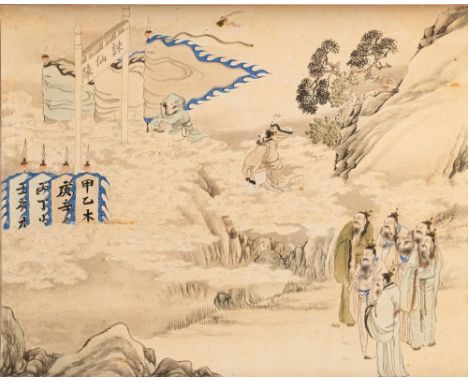 A Chinese scroll painting depicting The Army of the True Immortals:  a scene from the famous Chinese Taoist Immortal fantasy,