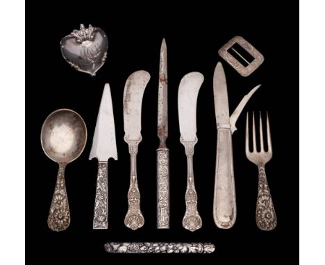 A collection of  American Sterling silver items, various makers,: includes butter knives, letter opener, caddy spoon, brooche