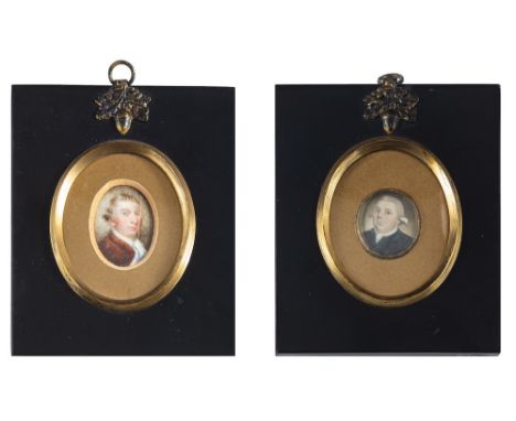 English School early 18th Century-A miniature portrait of a gentleman,: head and shoulders with short dark fringe and blue ey