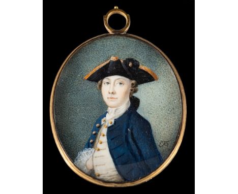 Circle of Thomas Hazlehurst [c.1740-1821]-A miniature portrait of a Midshipman,:-head and shoulders with brown eyes, wearing 