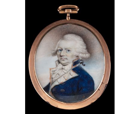 English School late 18th Century-A miniature portrait of a senior naval officer,:-with blue eyes and wearing a powdered wig a