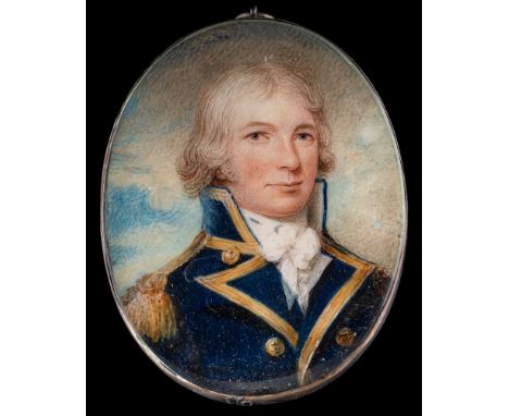 English School Circa 1805-A miniature portrait of a naval Captain,:-head and shoulders, with wavy grey hair and wearing a nav