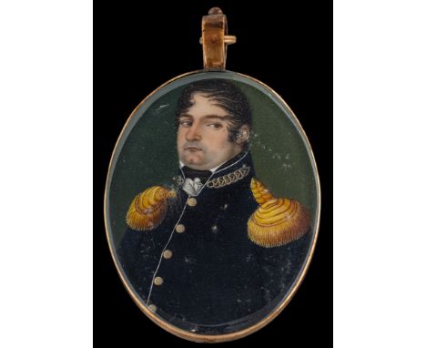 French School Circa 1820-A miniature portrait of a naval officer,:-head and shoulders with dark hair and brown eyes, wearing 