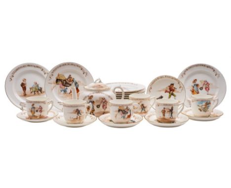 A Royal Doulton 'Nursery Rhymes' porcelain part tea service: decorated with rhymes, verses and captions, printed marks, circa