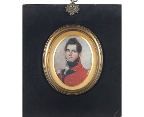 English School Circa 1830-A miniature portrait of an Officer of The Royal Staff Corps,:-head and shoulders, oval, 8cm.