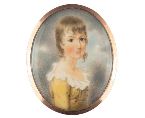 English School Circa 1800-A miniature portrait of a young girl,:- bust-length with wavy fair hair, rosy cheeks and blue eyes,