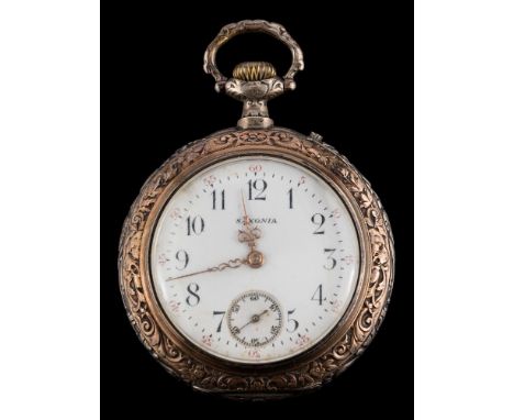A German open-faced pocket watch by Saxonia,: circa 1900, the white enamel dial with black numerals, subsidiary seconds dial 