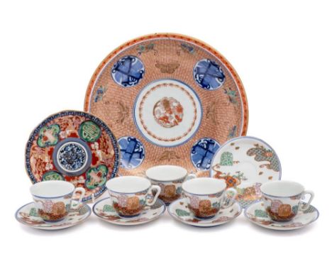 A group of Japanese Imari porcelain: comprising a set of five Fukagawa Koransha cups and saucers decorated with birds flying 