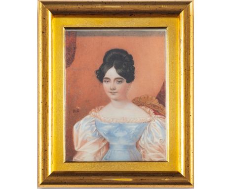 English School early 19th Century-A miniature portrait of a young lady, half-length,:- with dark wavy hair and brown eyes, we