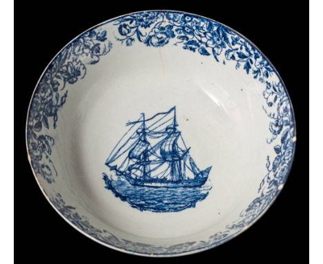 A Liverpool [John Pennington] blue and white ship bowl and one similar: the first printed with a two-masted sailing brig at s
