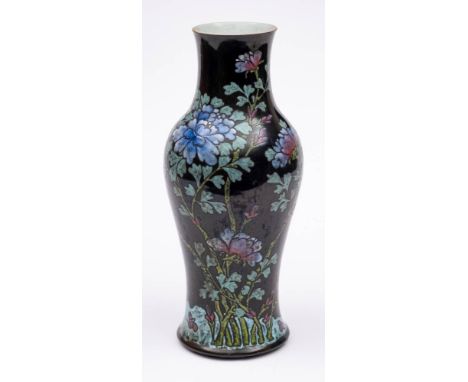 A Chinese famille noire baluster vase: enamelled with flowering peony branches on a black ground, apocryphal six-character Ka