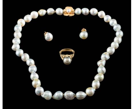 A baroque-formed, cultured pearl yellow metal necklace and pair of earrings of light grey hue,: together with a cultured pear