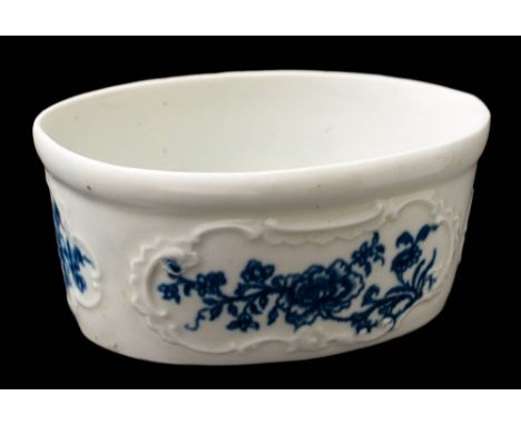 A rare First Period Worcester blue and white potted meat tub: transfer printed in 'The Floral Gift' pattern [II.A.18], the ex