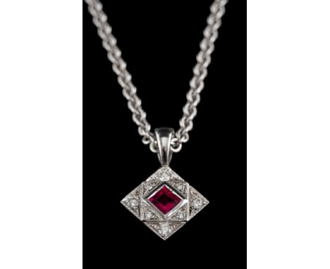 A synthetic ruby and diamond pendant by Victoria Buckley,: the square panel centrally set with a square cut synthetic ruby co