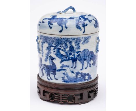 A Chinese porcelain food container and cover: of cylindrical form with faux bamboo handles painted in blue and white with the