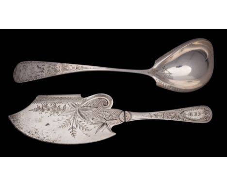 An  American Sterling silver soup ladle, stamped Sterling: , initialled and dated, with chased decoration, 26cm long, togethe