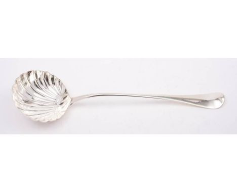 A George II silver Hanoverian  pattern soup ladle, maker Ebenezer Coker, London, 1759: crested, with circular shell-shaped bo
