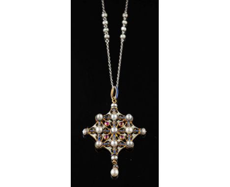 A late 19th century Renaissance Revival ruby, pearl and enamel pendant by Carlo Giuliano,: circa 1875, the square shaped pend