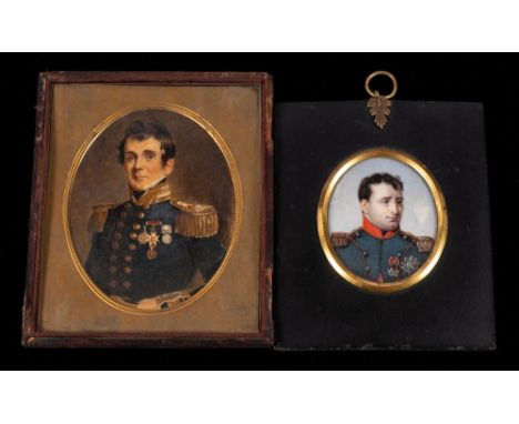 English School Circa 1840-A miniature portrait of a naval officer, half-length standing,:-with dark wavy hair, wearing two me