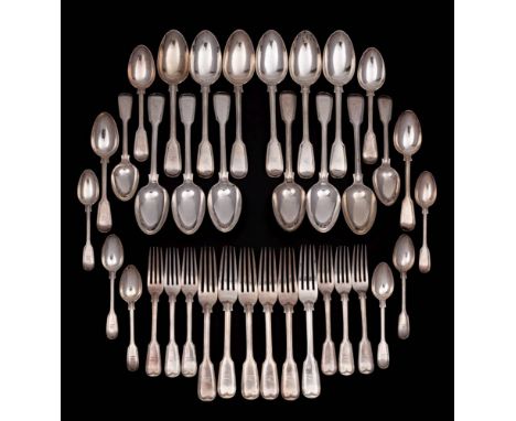 A Victorian silver Fiddle & Thread pattern part flatware service, maker H J Lias & Son, London, 1860: bears Coote family cres