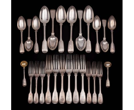 A Victorian silver Fiddle & Thread pattern part flatware service, maker Elizabeth Eaton, London, 1856: bears Coote family cre