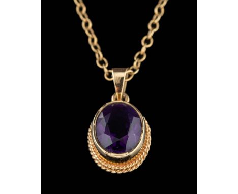 A 9 carat gold amethyst pendant,: the oval cut amethyst in a collet setting, on a belcher link chain, stamped 375, 46cm long.
