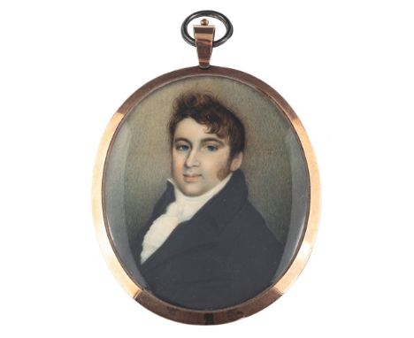 English School Circa1810-A miniature portrait of a gentleman, head and shoulders with wavy dark hair and blue eyes,:- wearing