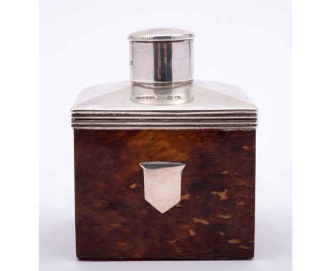 A Victorian tortoiseshell and silver mounted tea caddy, maker Cornelius Saunders & Frank Shepherd, London, 1895: of square ou