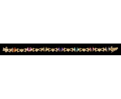 A 9 carat gold multi gem set bracelet,: set with oval cabochon smoky quartz, garnet, aquamarine, amethyst, citrine and pink t